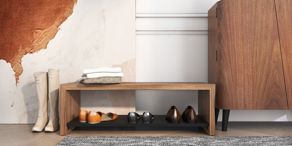 HMR - Entryway Shoe Storage Cabinet with 2 Doors and 5 Shelves (for 14 Pairs) in Walnut