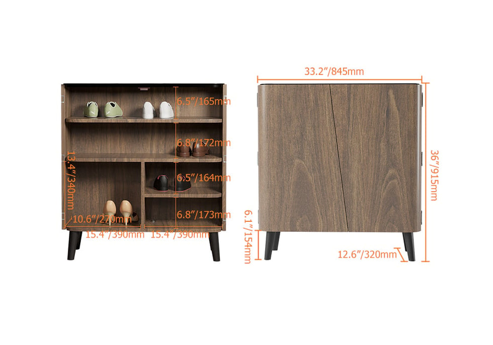 HMR - Entryway Shoe Storage Cabinet with 2 Doors and 5 Shelves (for 14 Pairs) in Walnut