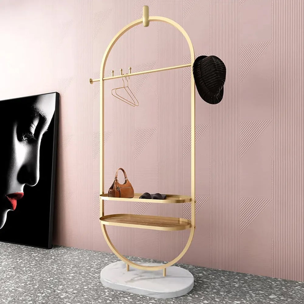HMR - Oval Garment Rack with 2-Tier Shelves and Faux Marble Base in Gold