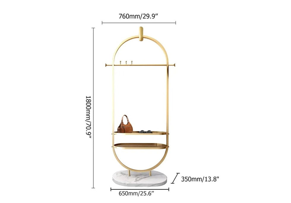 HMR - Oval Garment Rack with 2-Tier Shelves and Faux Marble Base in Gold