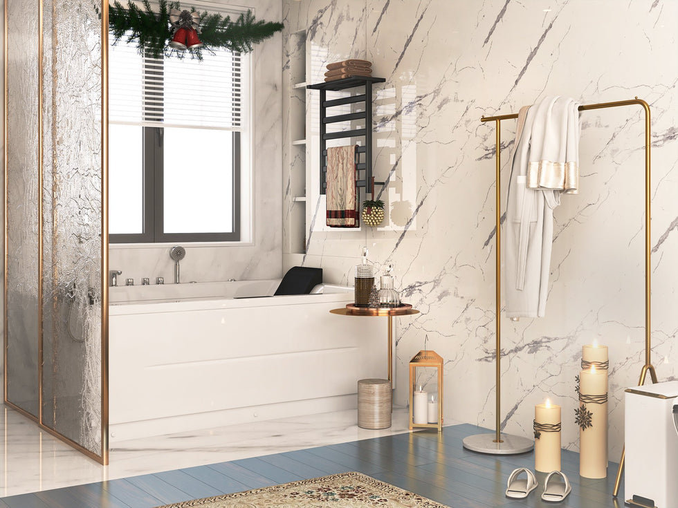 HMR - Modern Single Rod Garment Rack with Marble Base in Gold