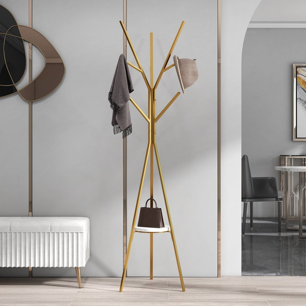 HMR - Modern Freestanding Coat Rack with Shelf Marble Base 70.9" in Gold