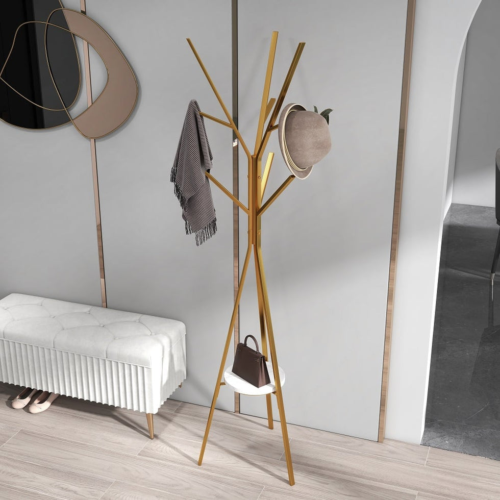HMR - Modern Freestanding Coat Rack with Shelf Marble Base 70.9" in Gold