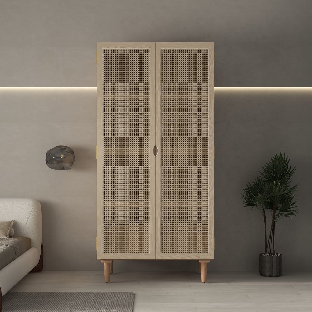 HMR - 2-Door Rattan with Hidden Drawer Woven Cabinet in Ash