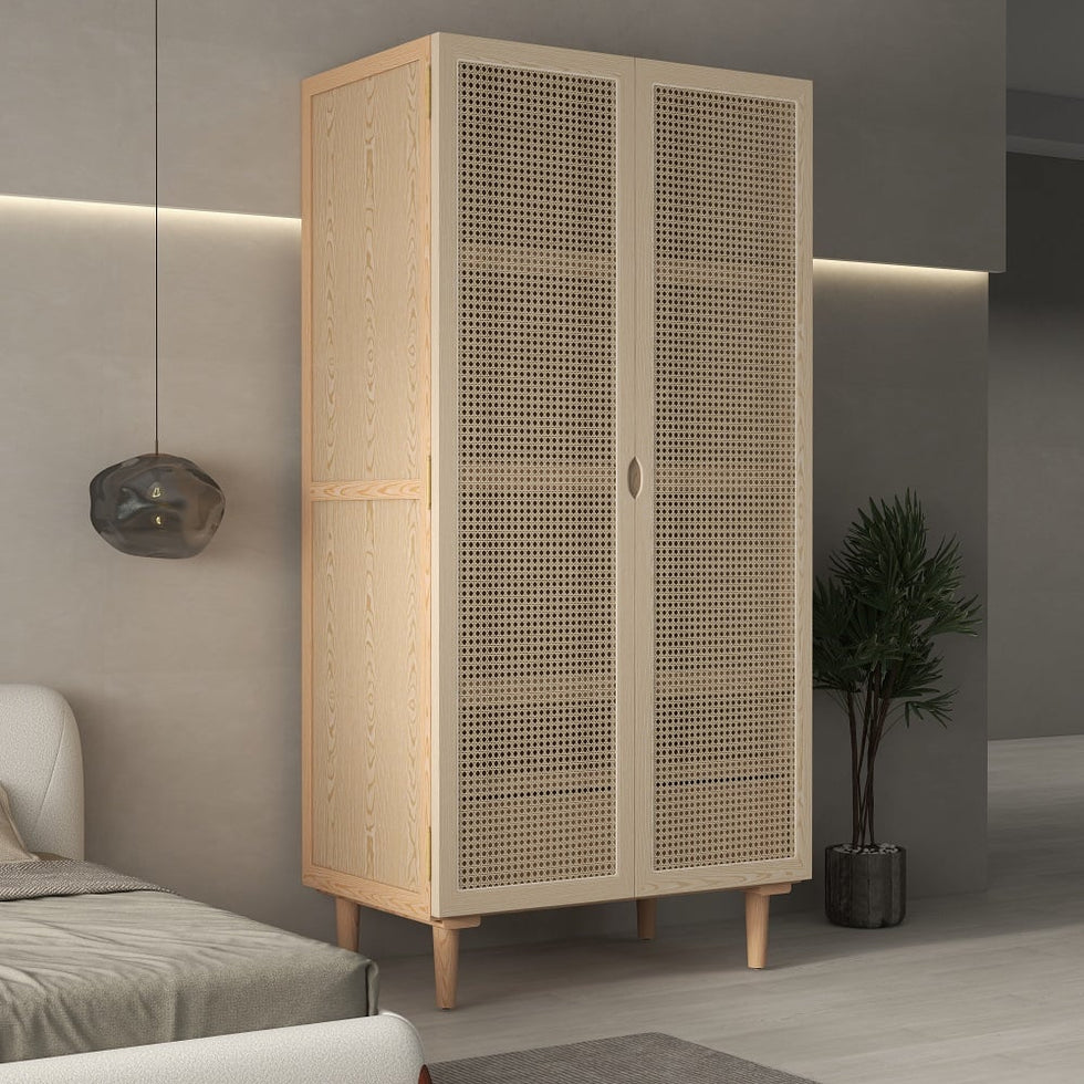 HMR - 2-Door Rattan with Hidden Drawer Woven Cabinet in Ash