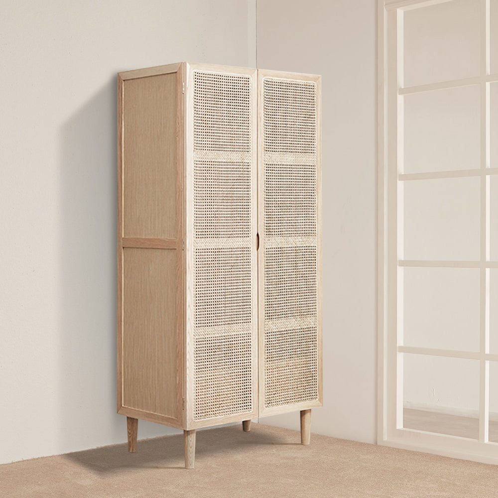 HMR - 2-Door Rattan with Hidden Drawer Woven Cabinet in Ash