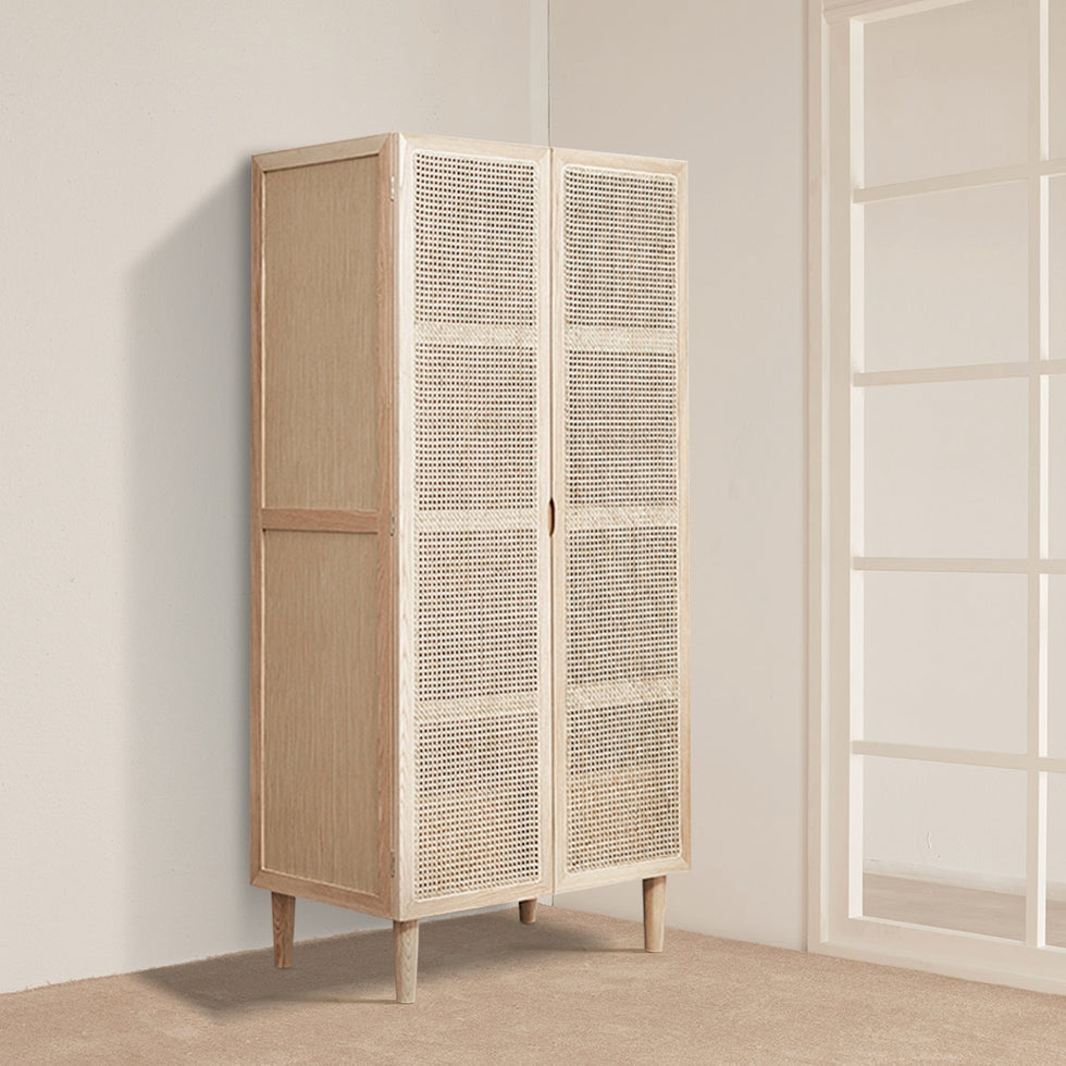 HMR - 2-Door Rattan with Hidden Drawer Woven Cabinet in Ash