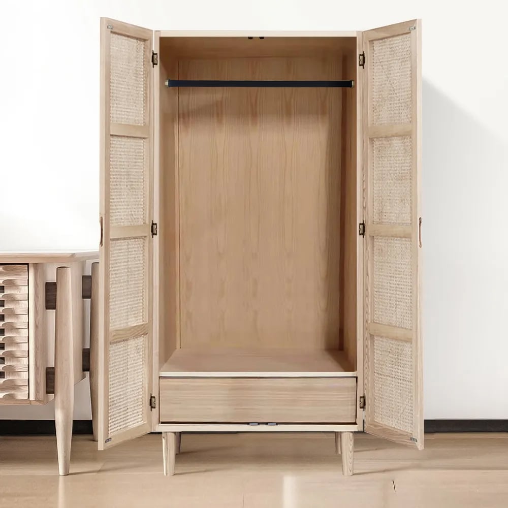 HMR - 2-Door Rattan with Hidden Drawer Woven Cabinet in Ash