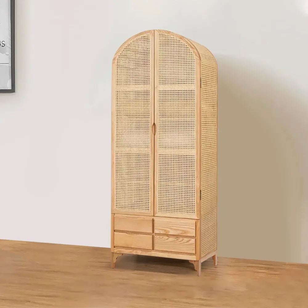 HMR - Rattan Armoire Wardrobe with 2 Doors and 4 Drawers in 78.7"H, Natural