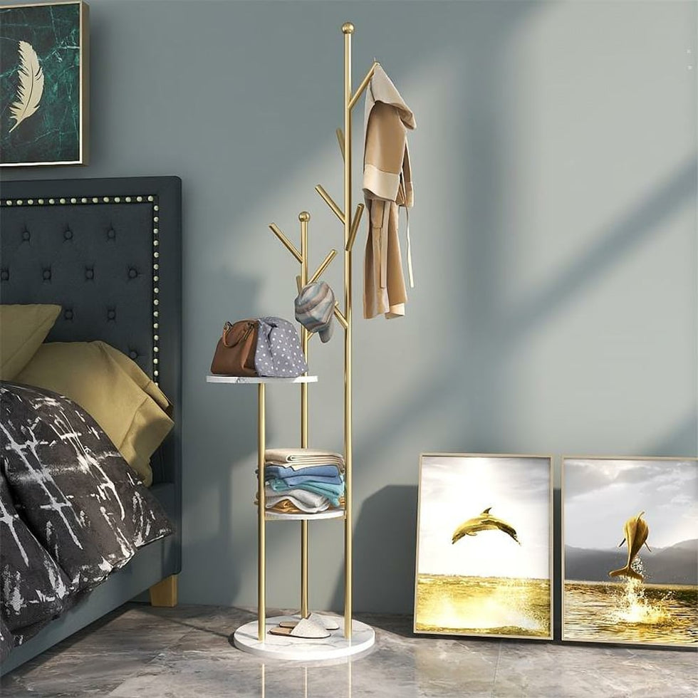 HMR - Modern Entryway Standing Coat Rack with 9 Hooks and 2 Shelves in Gold