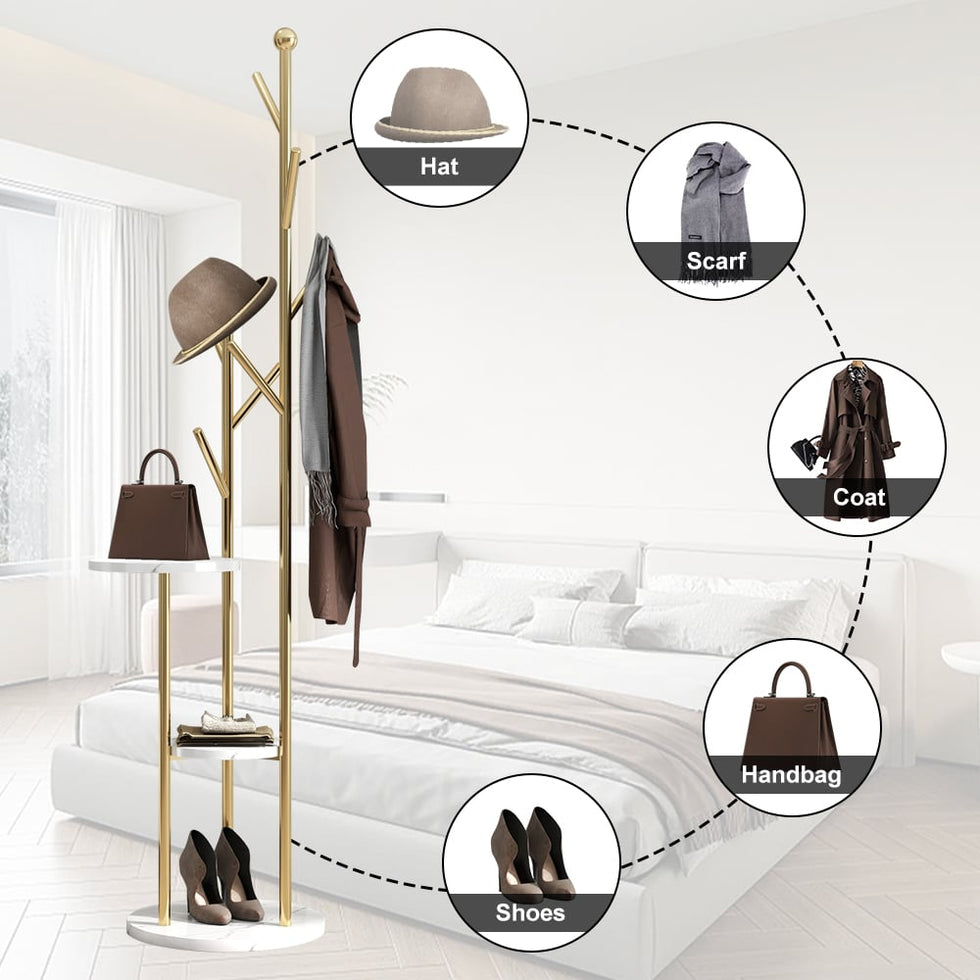 HMR - Modern Entryway Standing Coat Rack with 9 Hooks and 2 Shelves in Gold