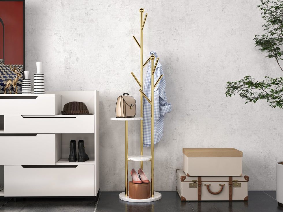 HMR - Modern Entryway Standing Coat Rack with 9 Hooks and 2 Shelves in Gold