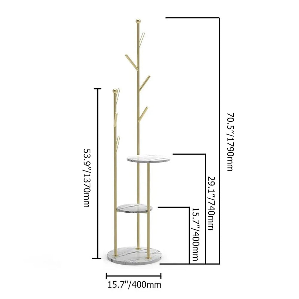 HMR - Modern Entryway Standing Coat Rack with 9 Hooks and 2 Shelves in Gold