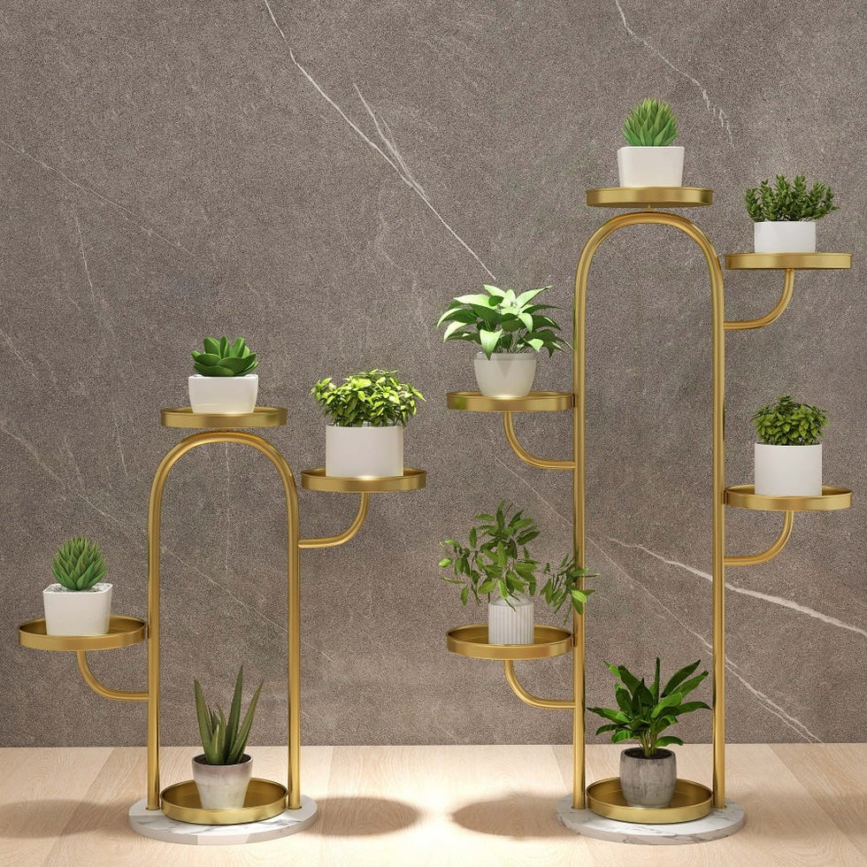 HMR - 25"/37" Modern Tree-Shaped 4/6-Tiered Plant Stand (Set of 2) in Gold