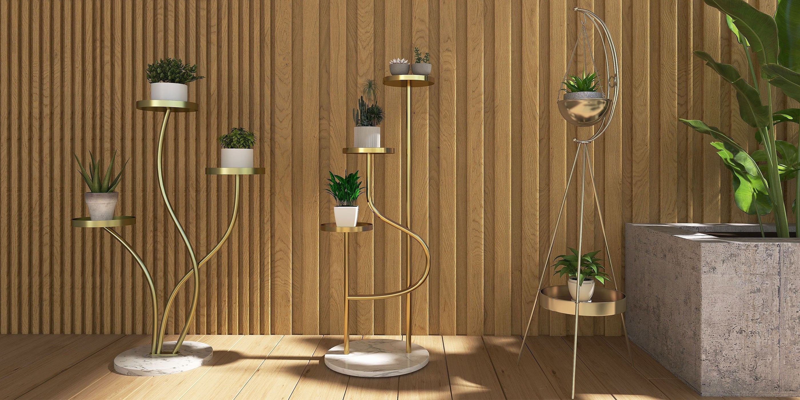 HMR - Half-Moon Plant Stand with Shelf in Gold