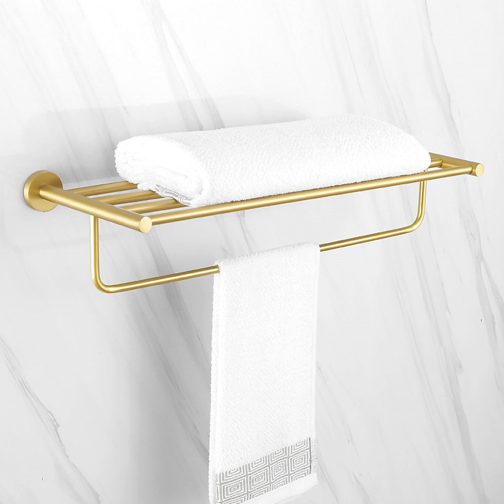HMR - 24" Wall-Mounted Brass Bathroom Shelf with Towel Rack in Brushed Gold