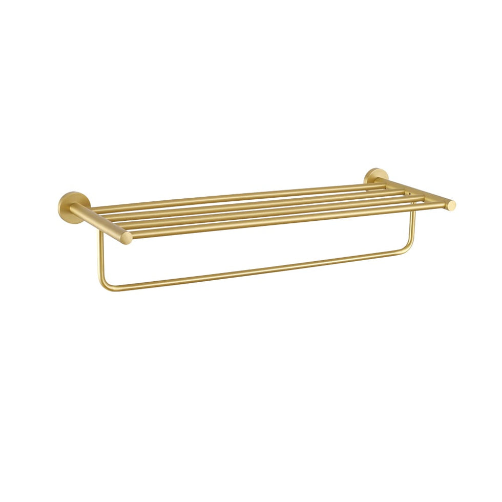 HMR - 24" Wall-Mounted Brass Bathroom Shelf with Towel Rack in Brushed Gold