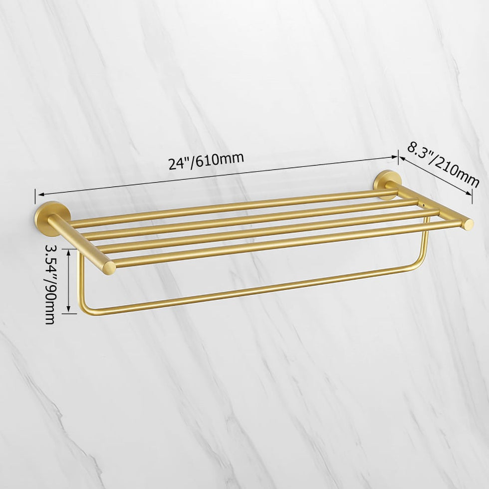HMR - 24" Wall-Mounted Brass Bathroom Shelf with Towel Rack in Brushed Gold