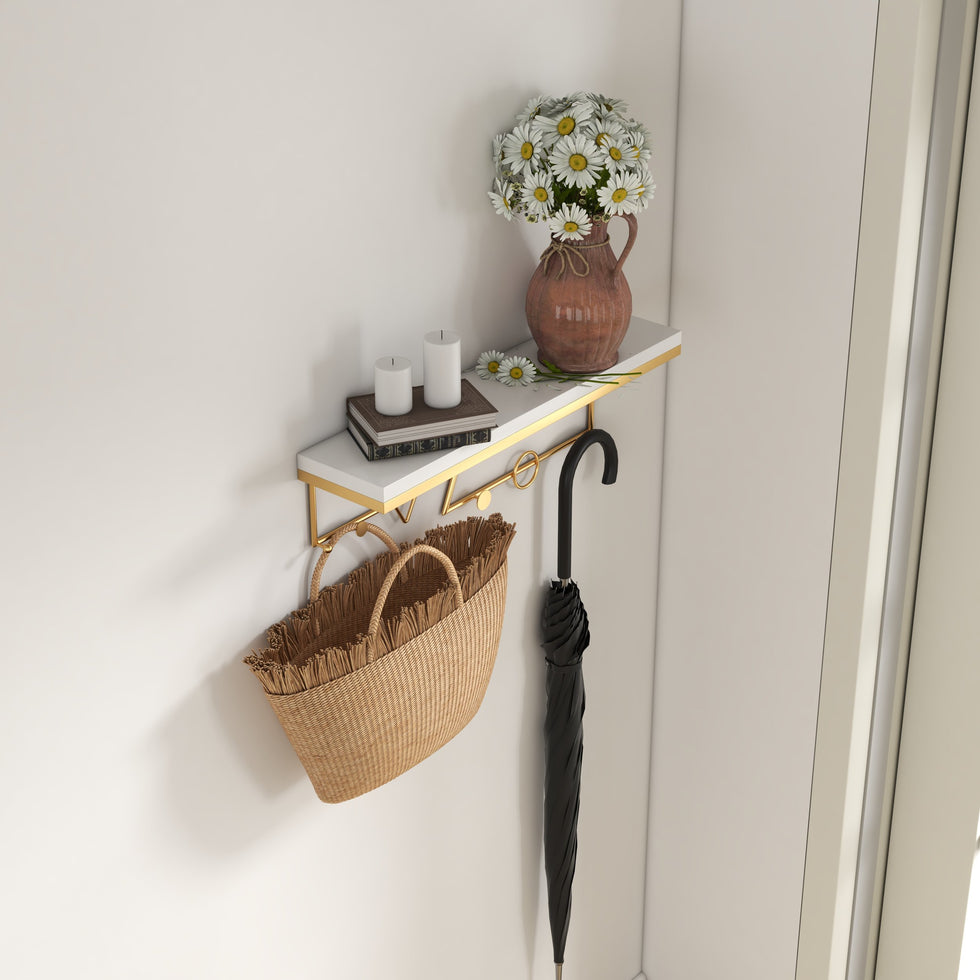 HMR - Wall-Mounted Coat Rack with a Shelf in Gold and White
