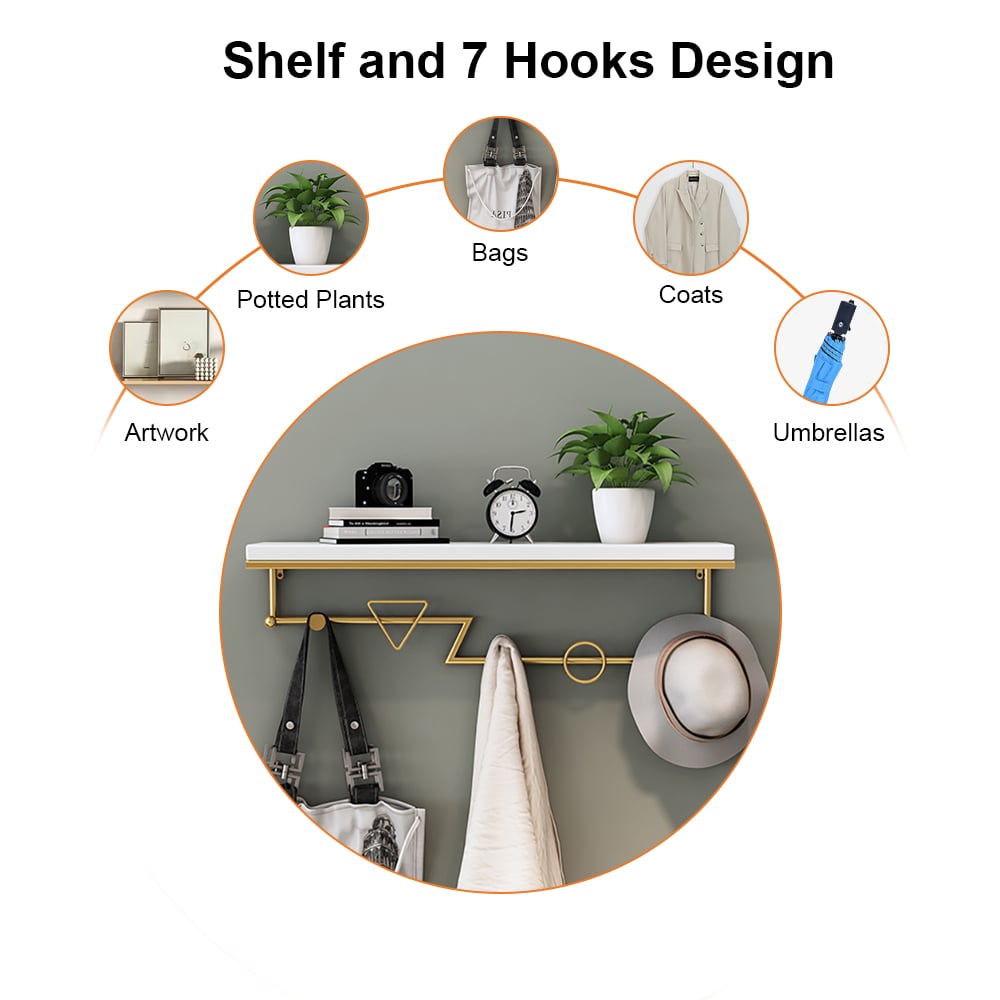HMR - Wall-Mounted Coat Rack with a Shelf in Gold and White