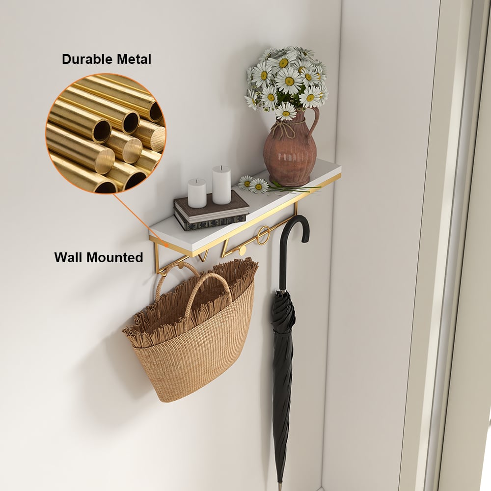 HMR - Wall-Mounted Coat Rack with a Shelf in Gold and White
