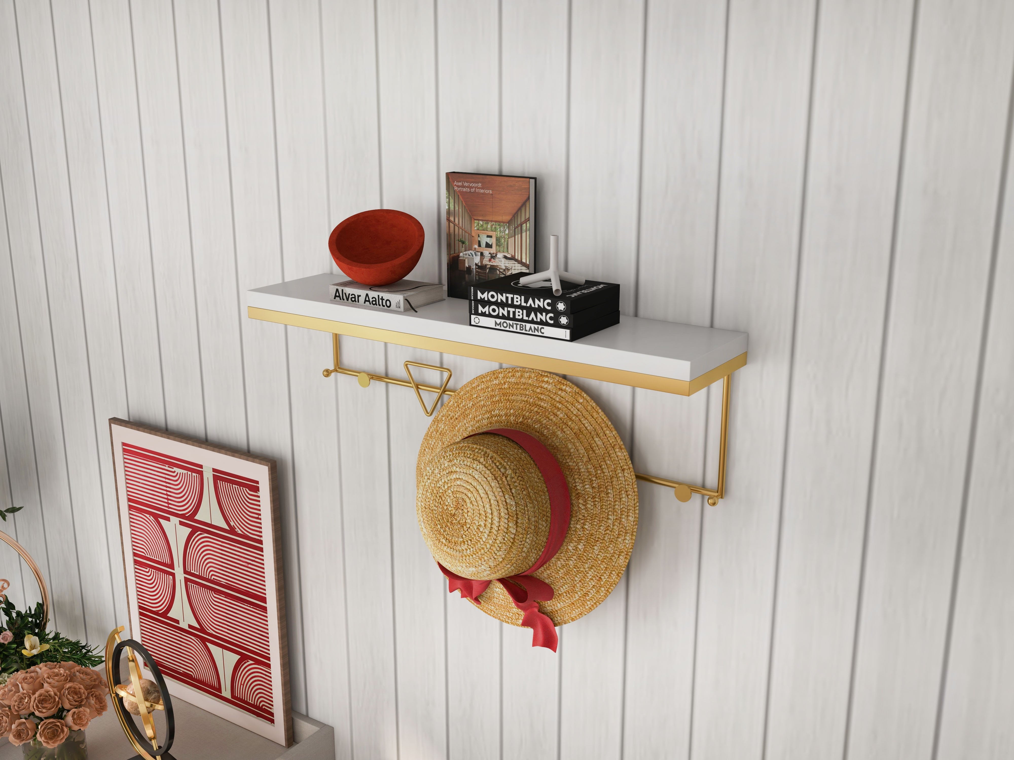 HMR - Wall-Mounted Coat Rack with a Shelf in Gold and White