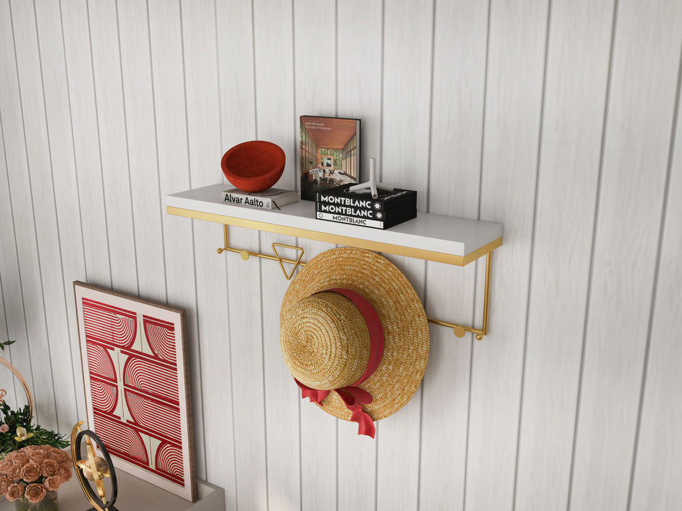 HMR - Wall-Mounted Coat Rack with a Shelf in Gold and White