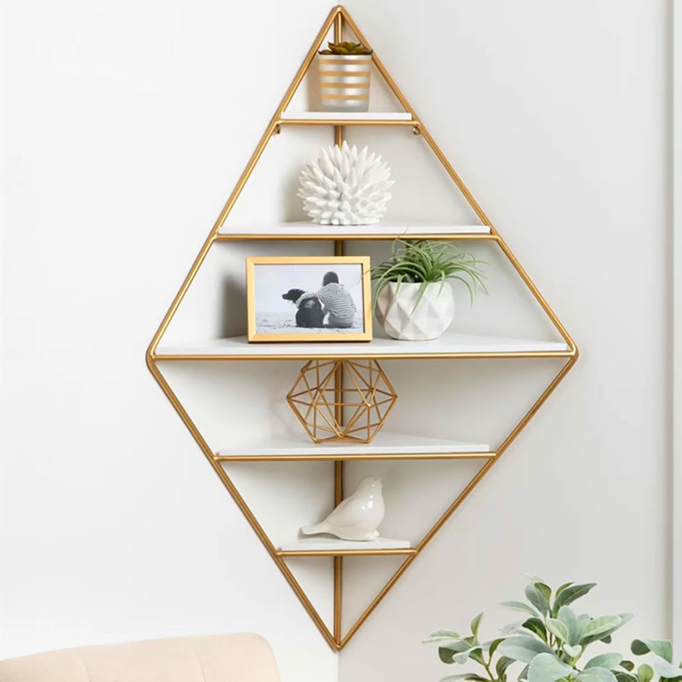 HMR - Triangle Corner Floating Shelves in White and Gold