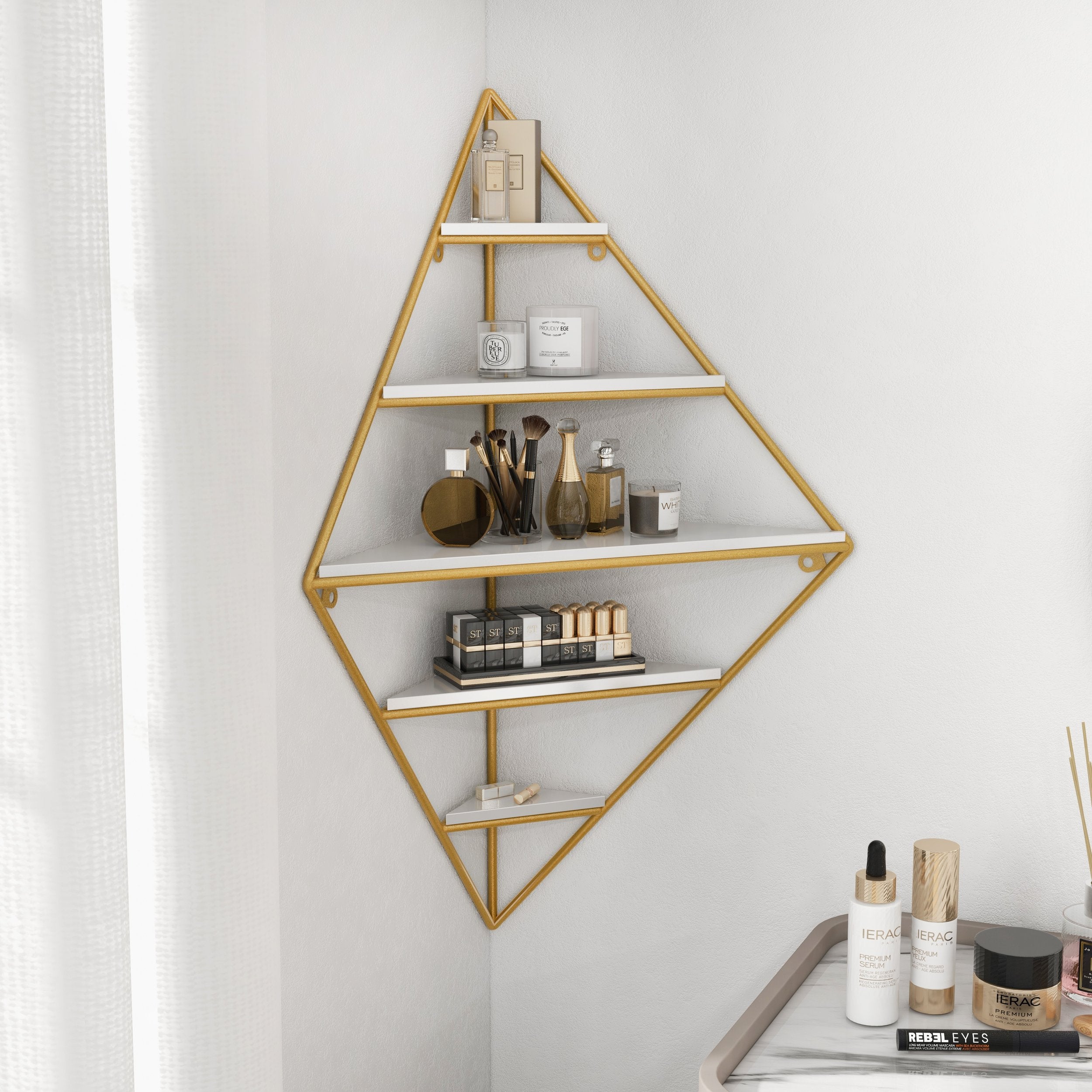 HMR - Triangle Corner Floating Shelves in White and Gold