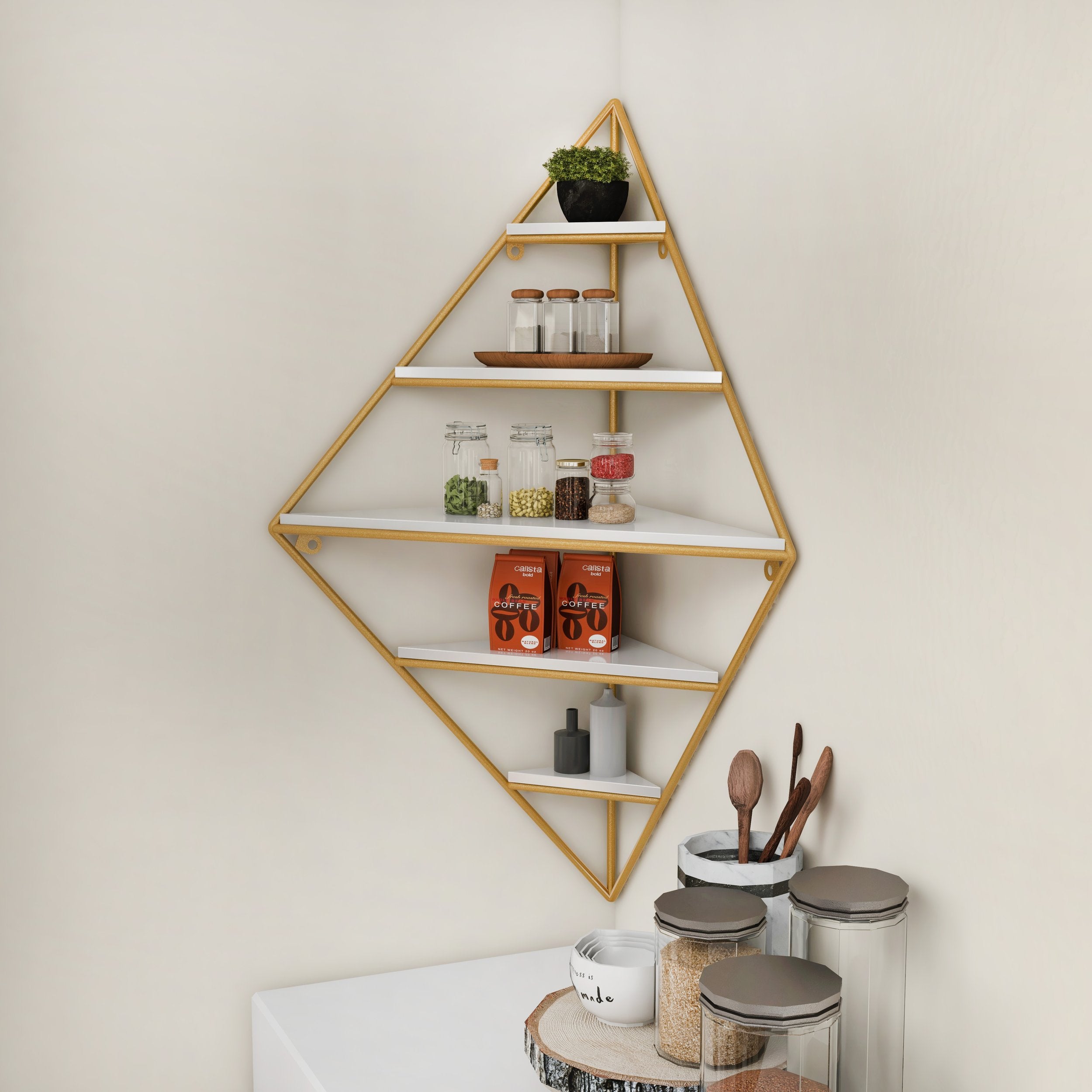 HMR - Triangle Corner Floating Shelves in White and Gold