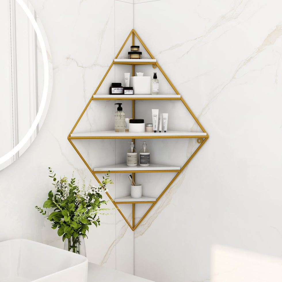 HMR - Triangle Corner Floating Shelves in White and Gold