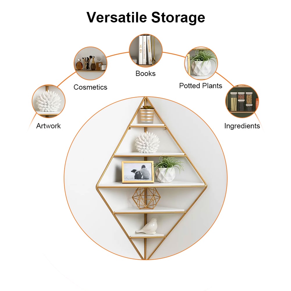 HMR - Triangle Corner Floating Shelves in White and Gold
