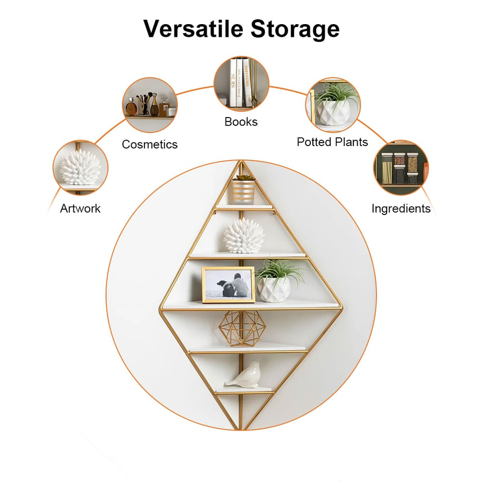 HMR - Triangle Corner Floating Shelves in White and Gold