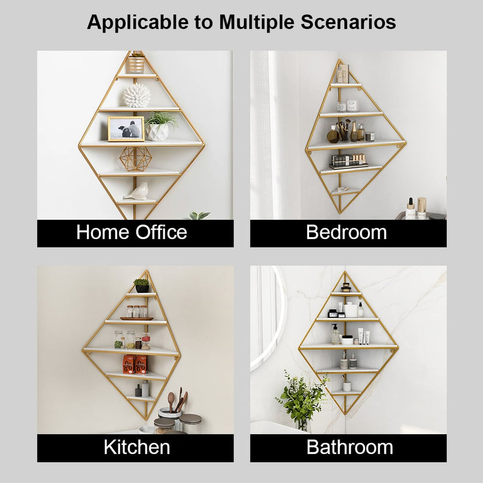 HMR - Triangle Corner Floating Shelves in White and Gold