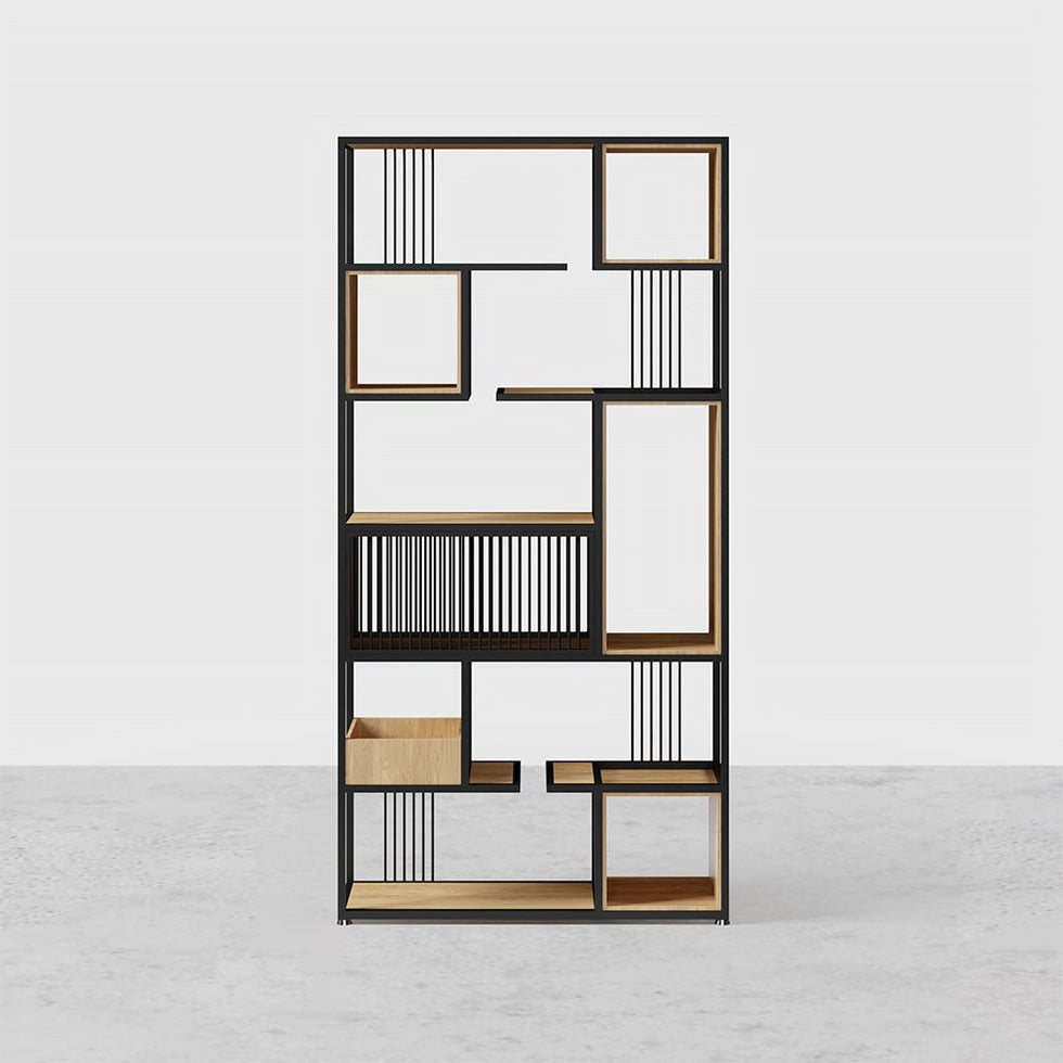 HMR - 78" Geometric Bookcase 6-Tier in Natural and Black