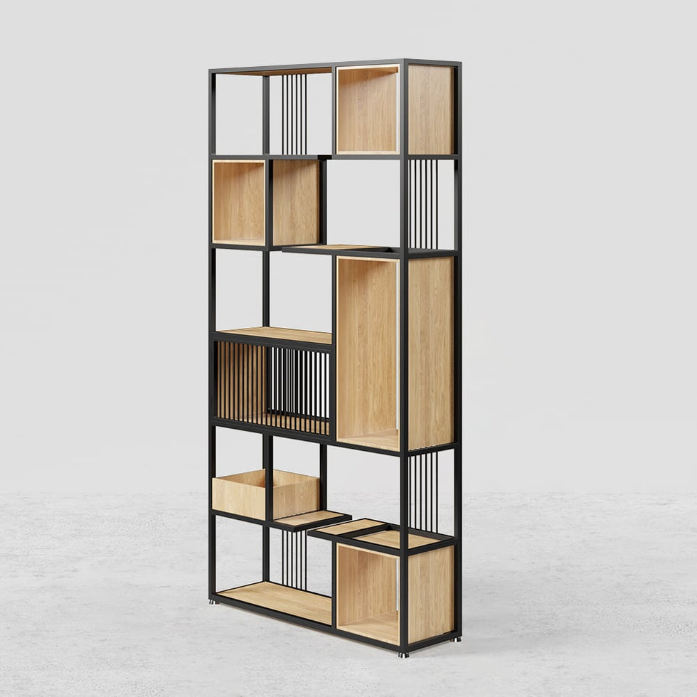 HMR - 78" Geometric Bookcase 6-Tier in Natural and Black