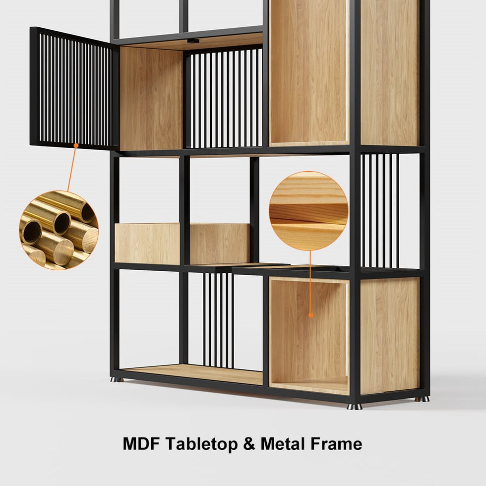 HMR - 78" Geometric Bookcase 6-Tier in Natural and Black