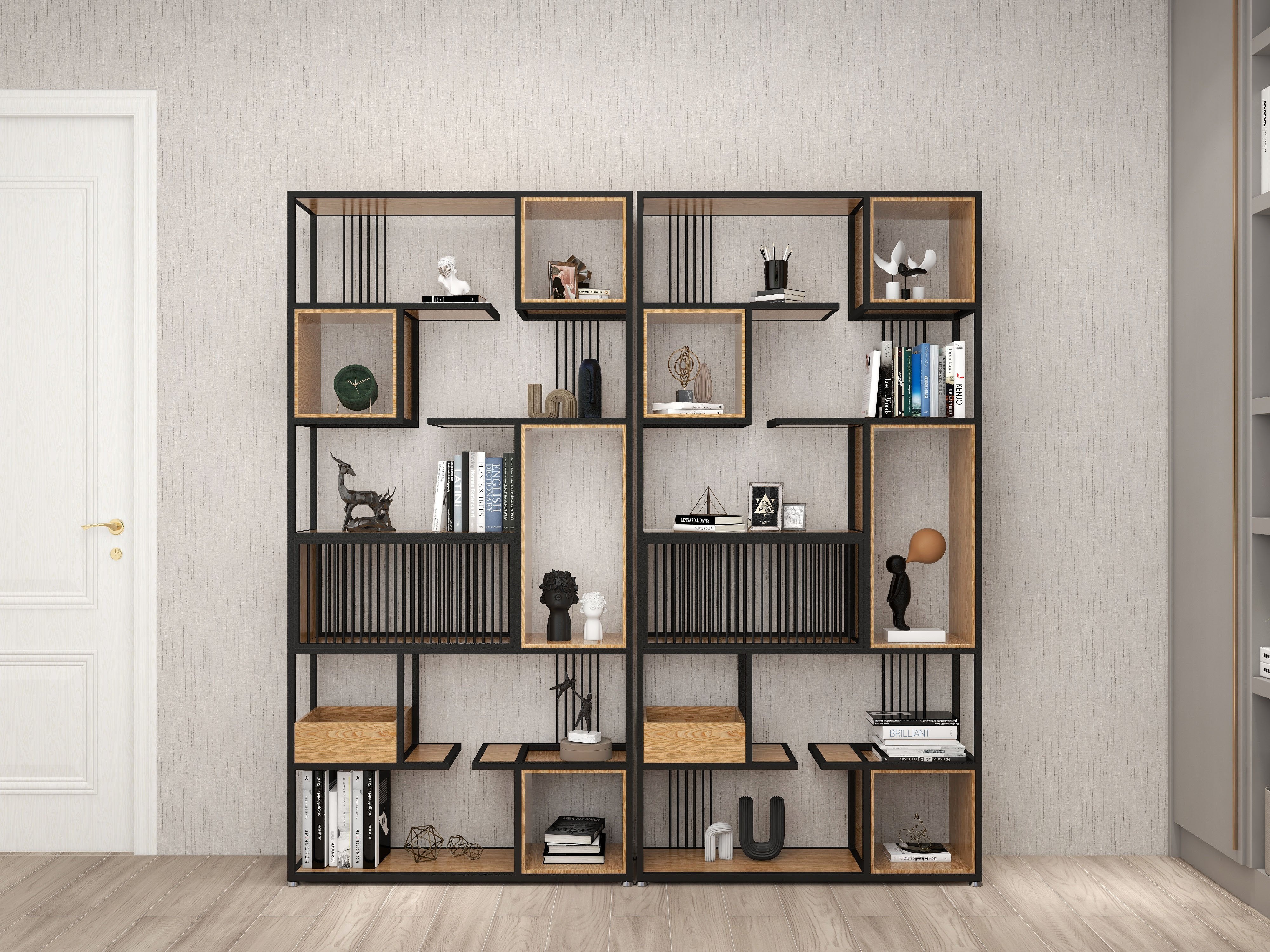 HMR - 78" Geometric Bookcase 6-Tier in Natural and Black