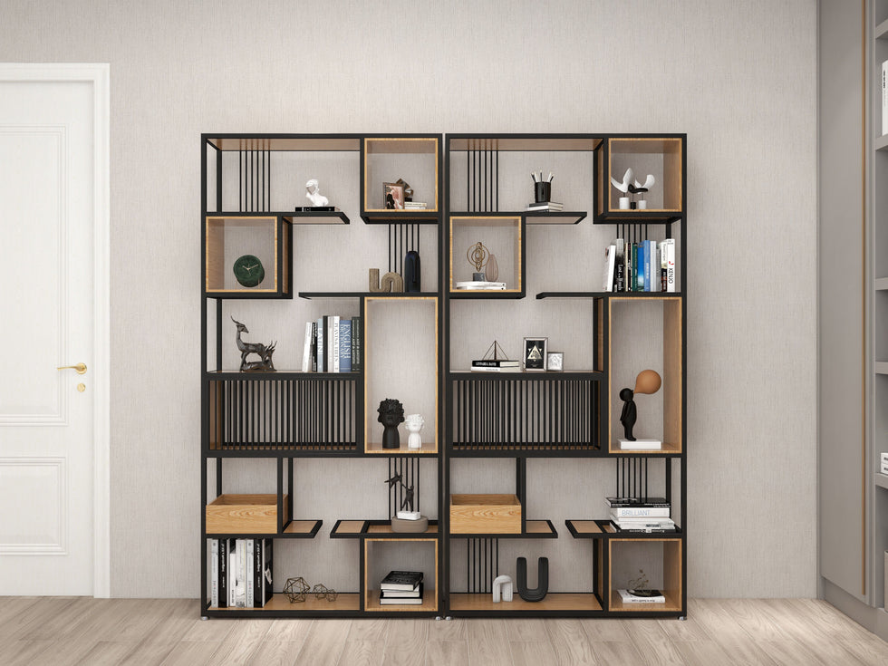 HMR - 78" Geometric Bookcase 6-Tier in Natural and Black