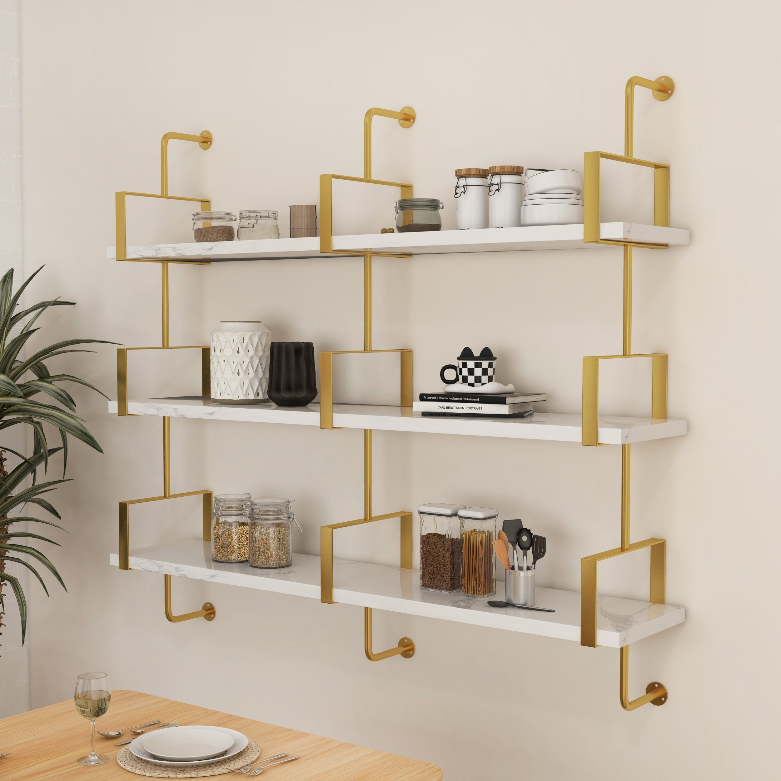 HMR - 3-Tier Wall-Mounted Long Shelves in White and Gold