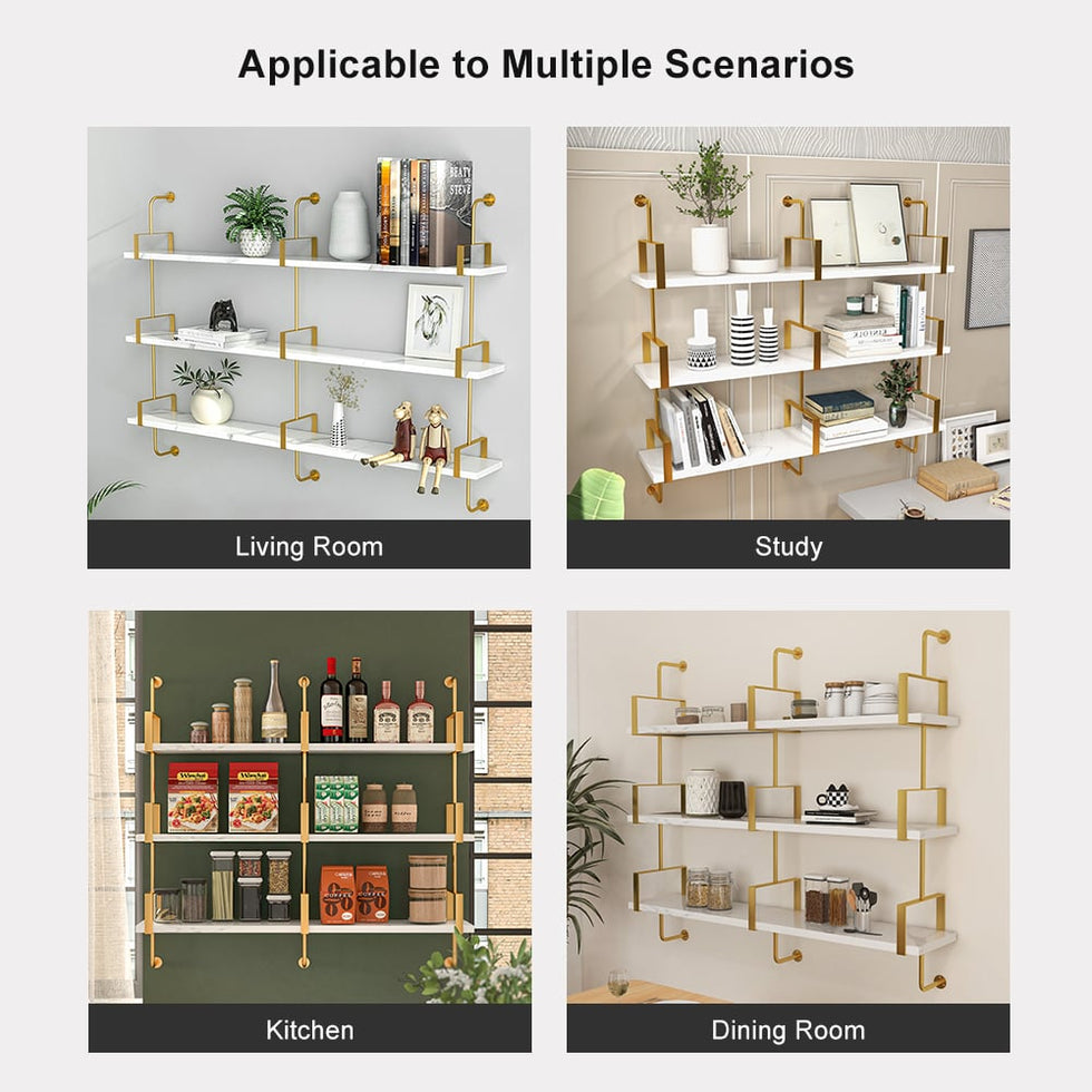 HMR - 3-Tier Wall-Mounted Long Shelves in White and Gold