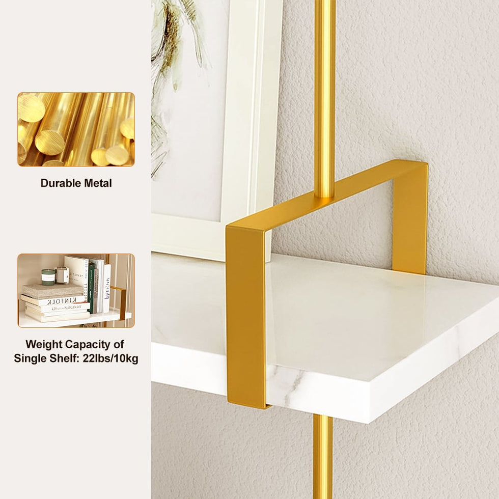 HMR - 3-Tier Wall-Mounted Long Shelves in White and Gold