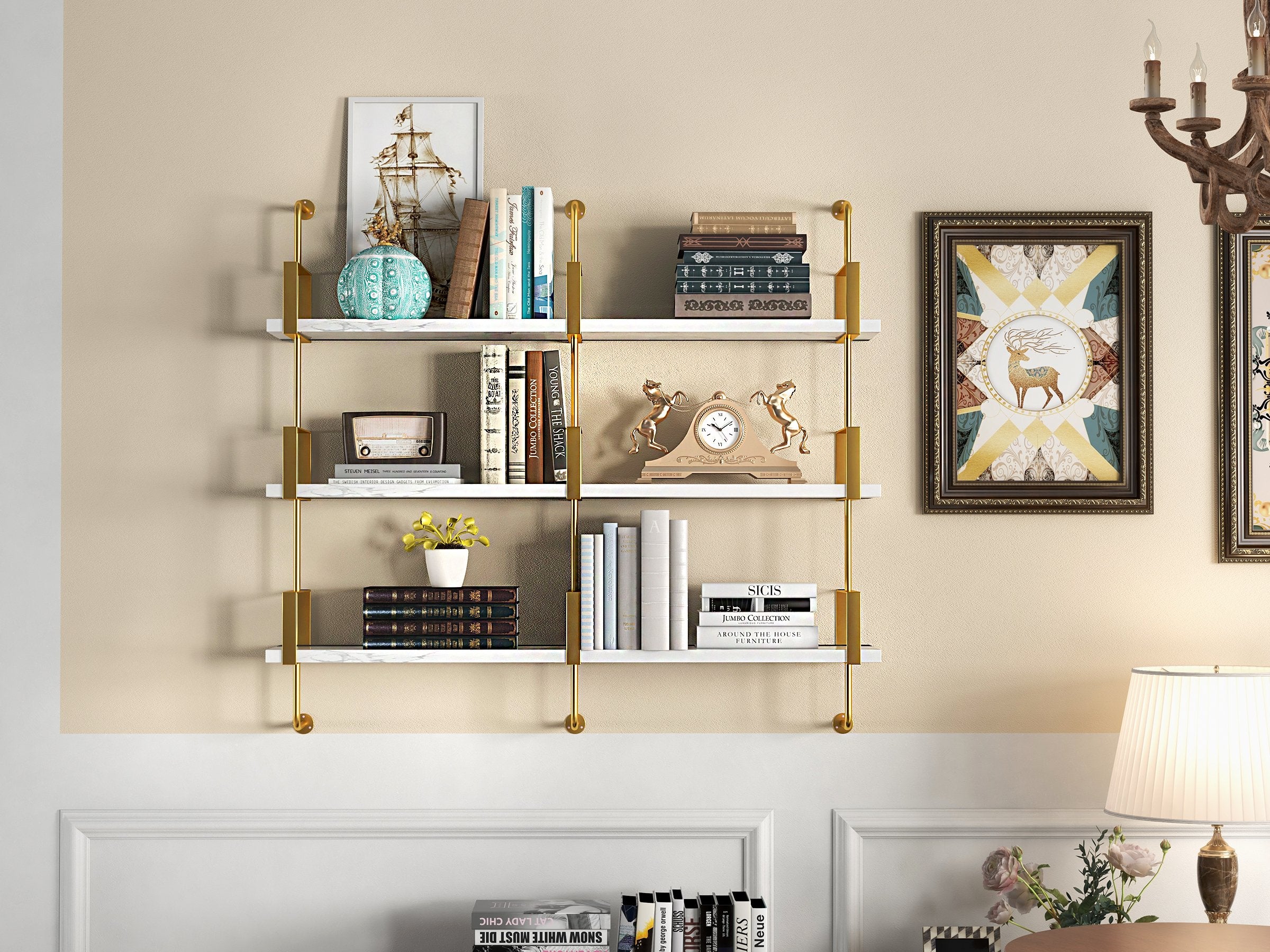 HMR - 3-Tier Wall-Mounted Long Shelves in White and Gold