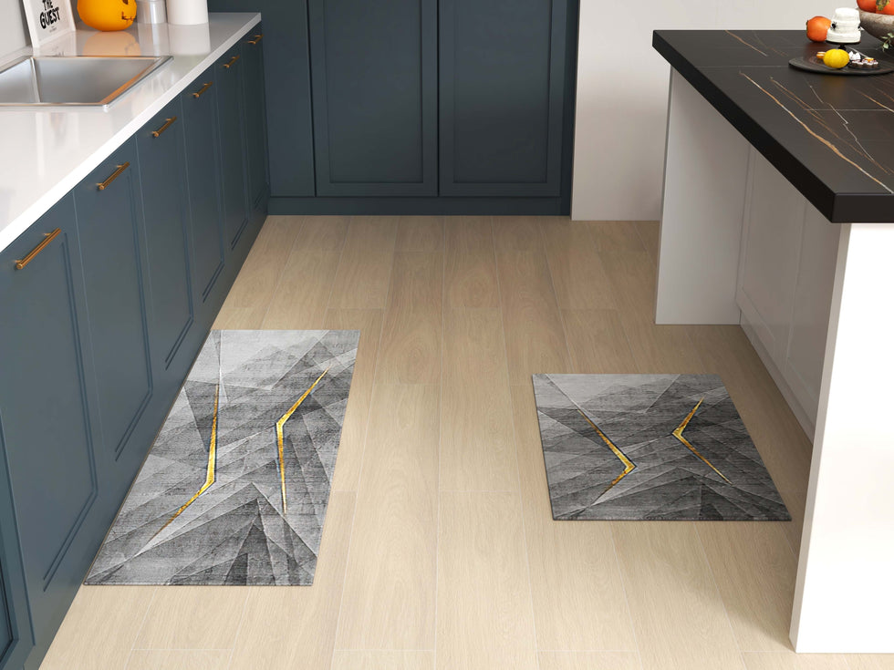HMR - 2-Pieces Modern Gold Washable Kitchen Runner Mats Non-slip Anti Fatigue Kitchen Rug Set