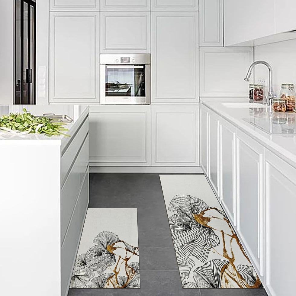 HMR - 2PCS Gold Abstract Geometric Kitchen Running Mat Non-slip Absorbent Kitchen Rug Set