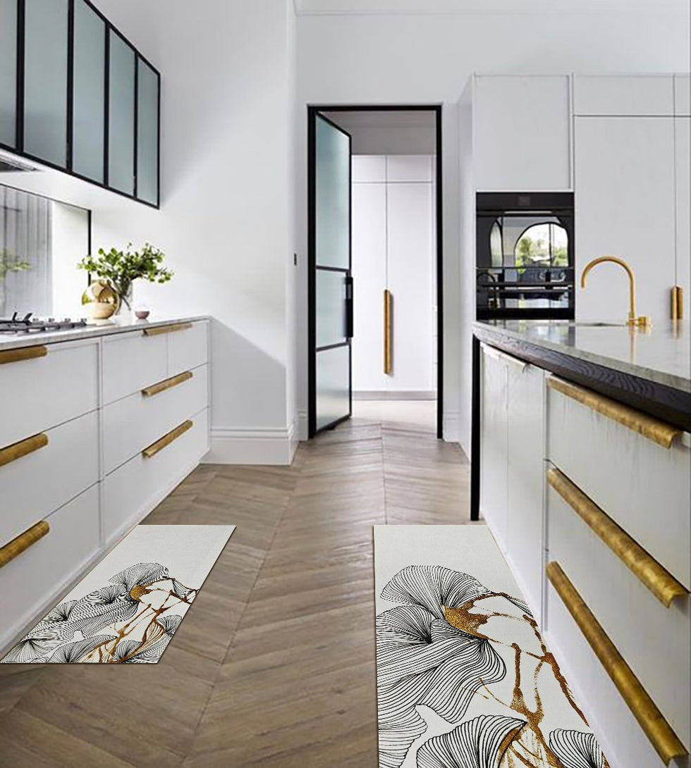 HMR - 2PCS Gold Abstract Geometric Kitchen Running Mat Non-slip Absorbent Kitchen Rug Set