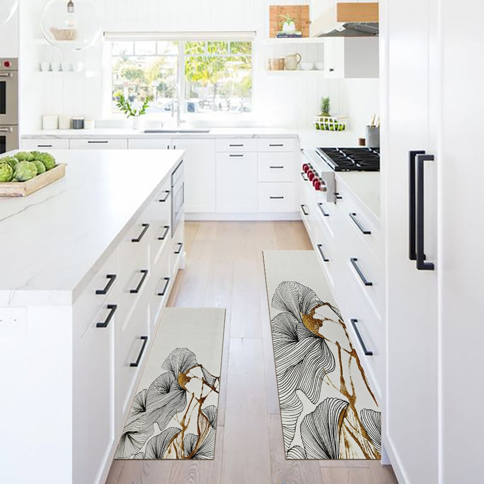 HMR - 2PCS Gold Abstract Geometric Kitchen Running Mat Non-slip Absorbent Kitchen Rug Set