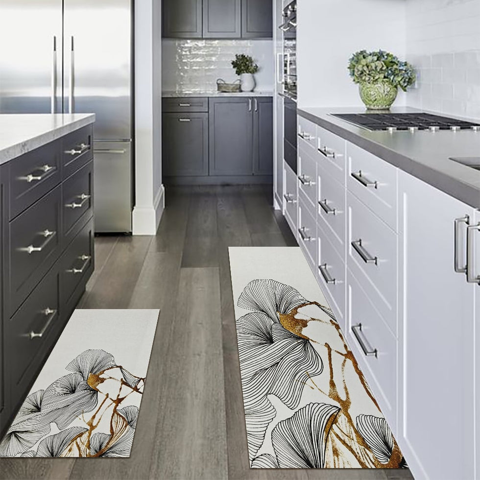 HMR - 2PCS Gold Abstract Geometric Kitchen Running Mat Non-slip Absorbent Kitchen Rug Set