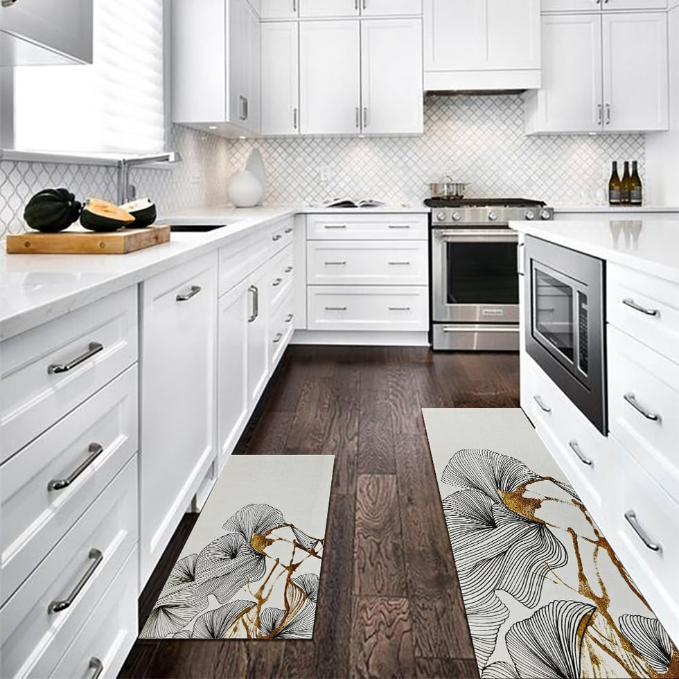 HMR - 2PCS Gold Abstract Geometric Kitchen Running Mat Non-slip Absorbent Kitchen Rug Set