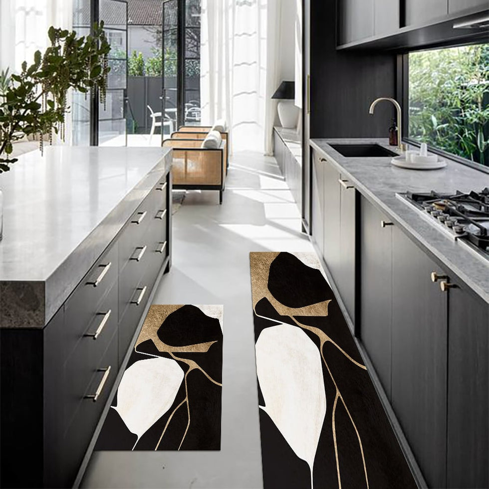 HMR - 2PCS Abstract Gold&Black Diatom Mud Running Mat Non-slip Absorbent Kitchen Rug Set